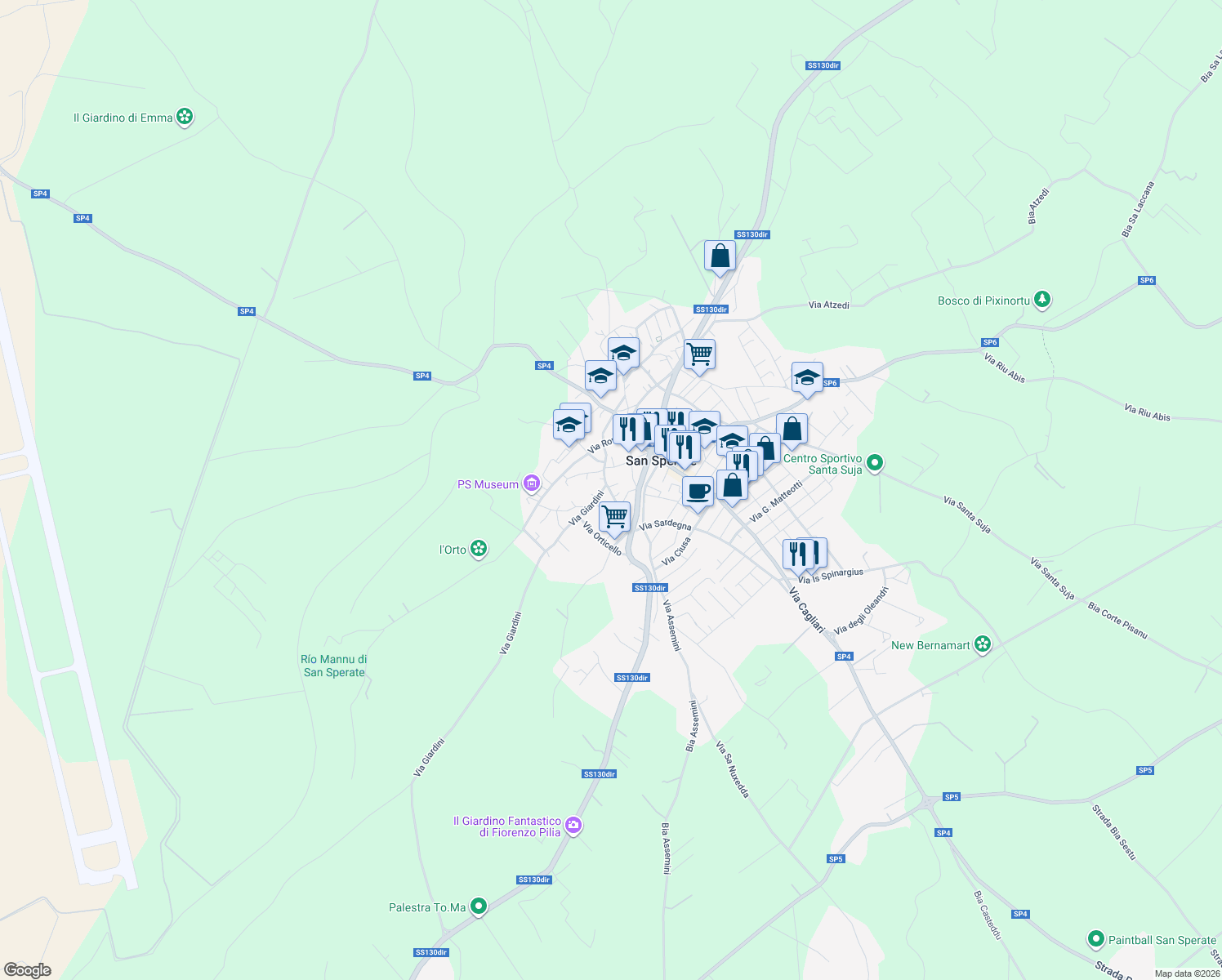 map of restaurants, bars, coffee shops, grocery stores, and more near 11 Via Decimo in San Sperate