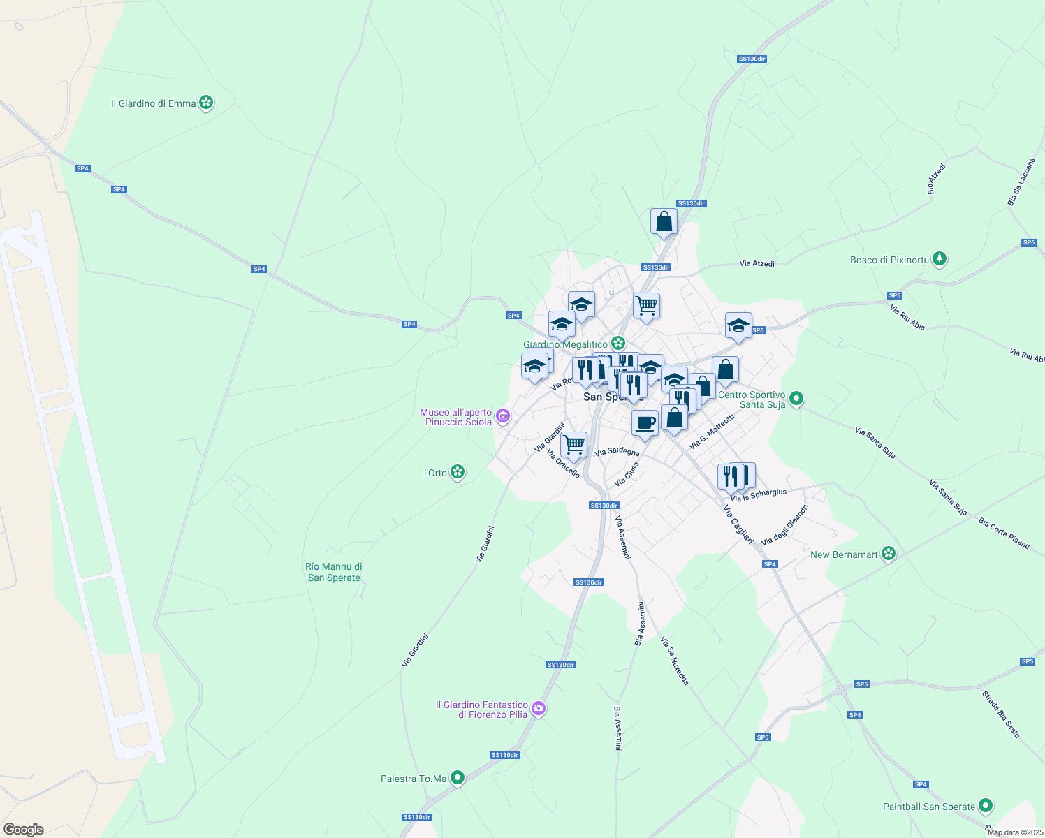 map of restaurants, bars, coffee shops, grocery stores, and more near 37 Via San Sebastiano in San Sperate