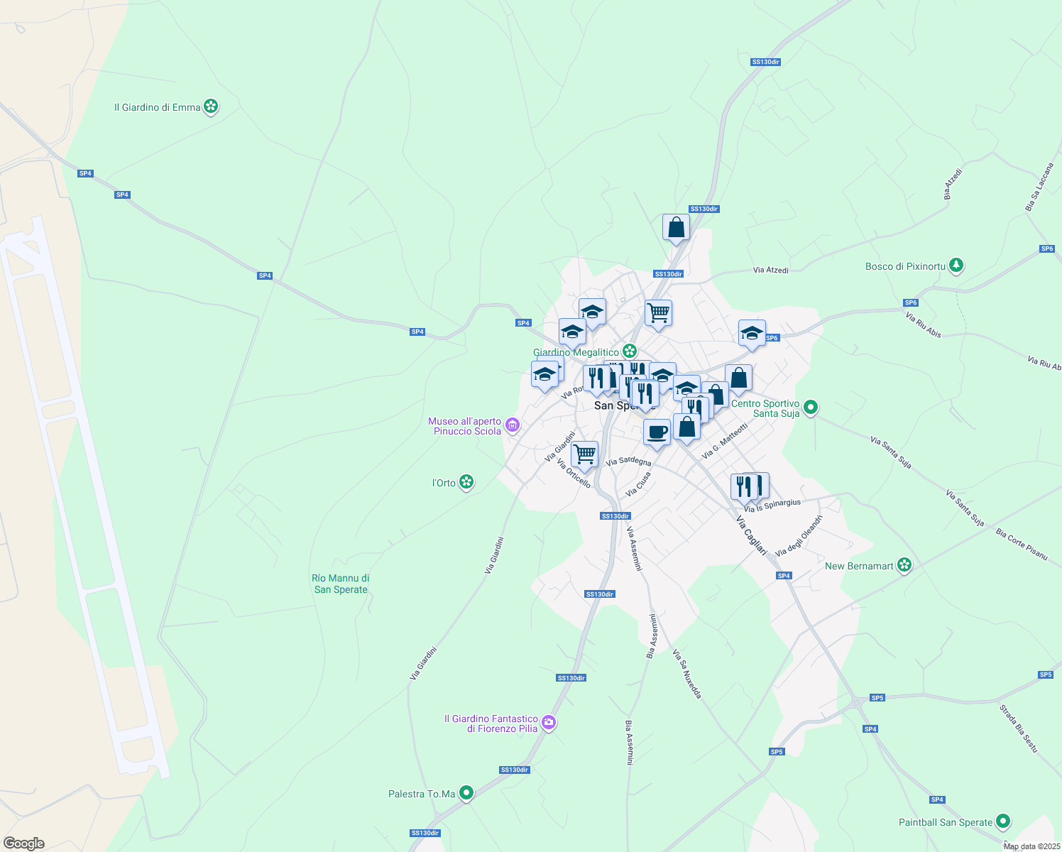 map of restaurants, bars, coffee shops, grocery stores, and more near 37 Via San Sebastiano in San Sperate