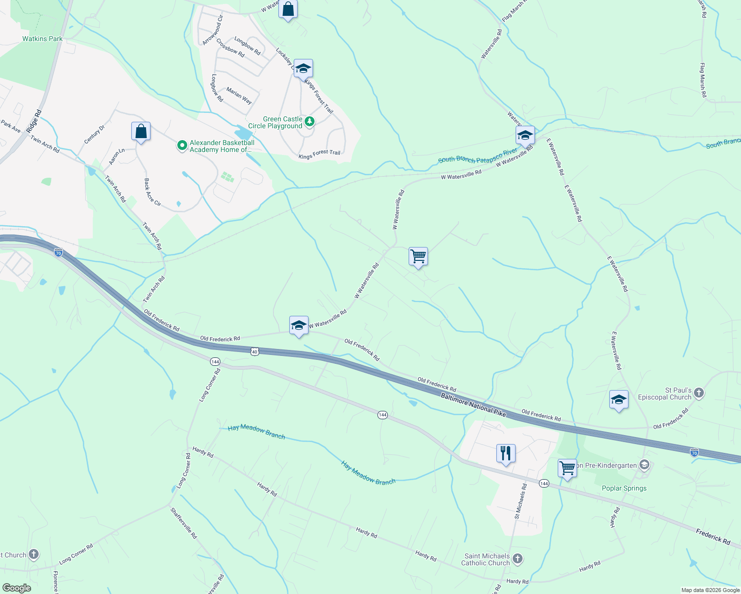 map of restaurants, bars, coffee shops, grocery stores, and more near 685 West Watersville Road in Mount Airy