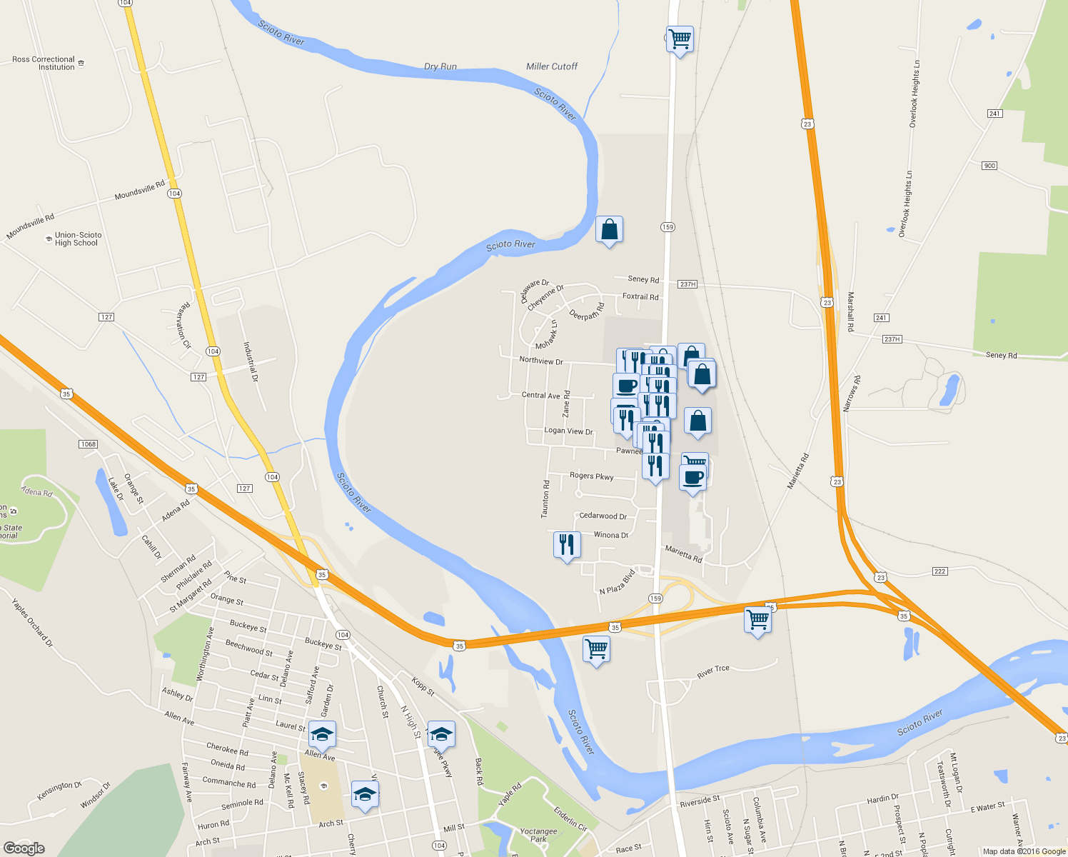 map of restaurants, bars, coffee shops, grocery stores, and more near 321 Logan View Drive in Chillicothe