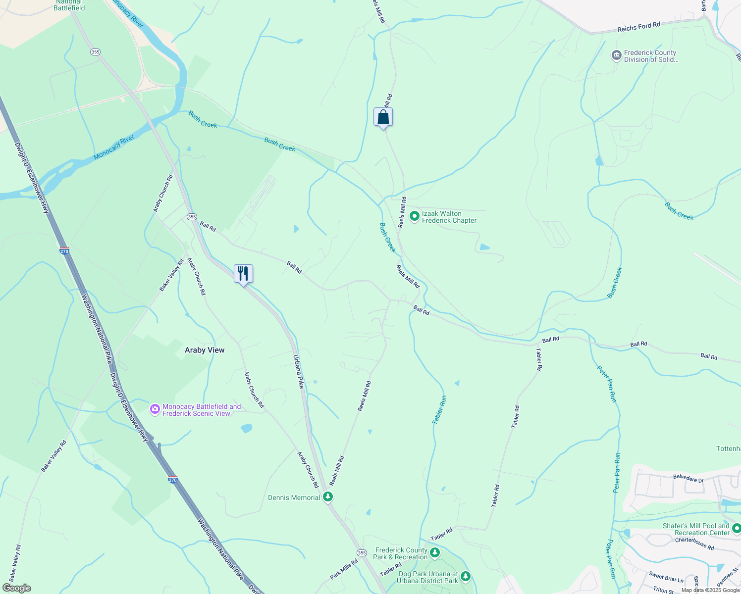 map of restaurants, bars, coffee shops, grocery stores, and more near 8330 Ball Road in Frederick