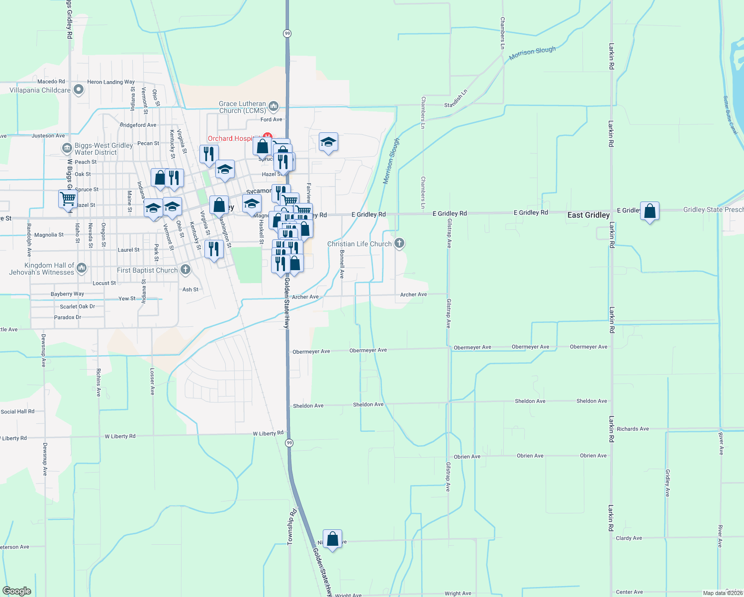 map of restaurants, bars, coffee shops, grocery stores, and more near 162 Archer Avenue in Gridley