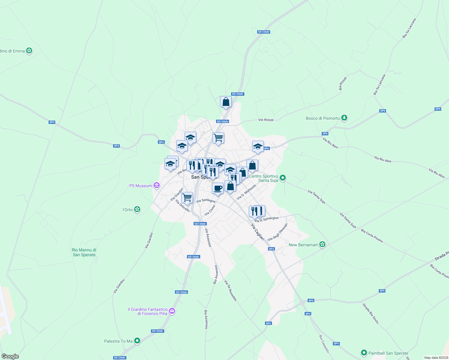 map of restaurants, bars, coffee shops, grocery stores, and more near 26 Via Carbonia in San Sperate