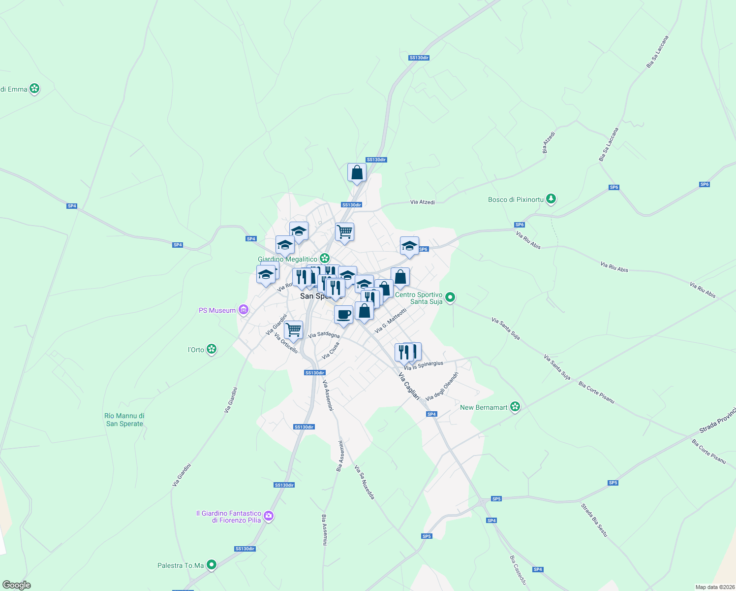 map of restaurants, bars, coffee shops, grocery stores, and more near 26 Via Carbonia in San Sperate