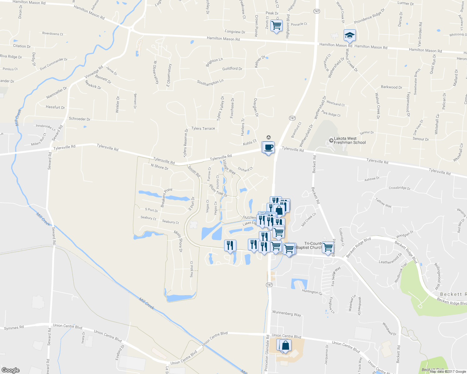 map of restaurants, bars, coffee shops, grocery stores, and more near 7958 Threshing Court in Butler County