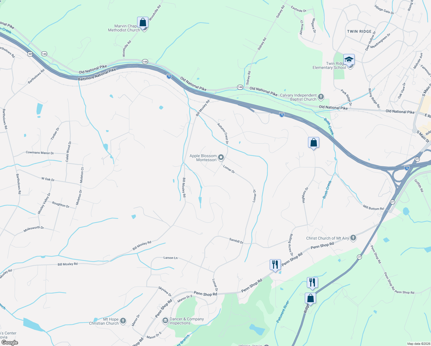 map of restaurants, bars, coffee shops, grocery stores, and more near 19804 Autumn Crest Dr in Mt Airy