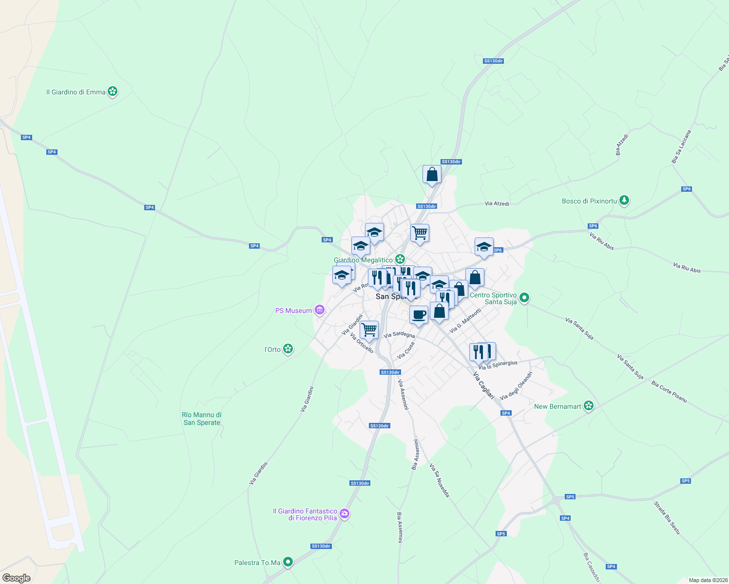map of restaurants, bars, coffee shops, grocery stores, and more near 24 Via V. Emanuele in San Sperate