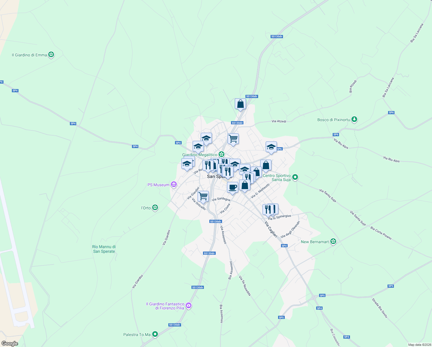 map of restaurants, bars, coffee shops, grocery stores, and more near 29B Via Risorgimento in San Sperate