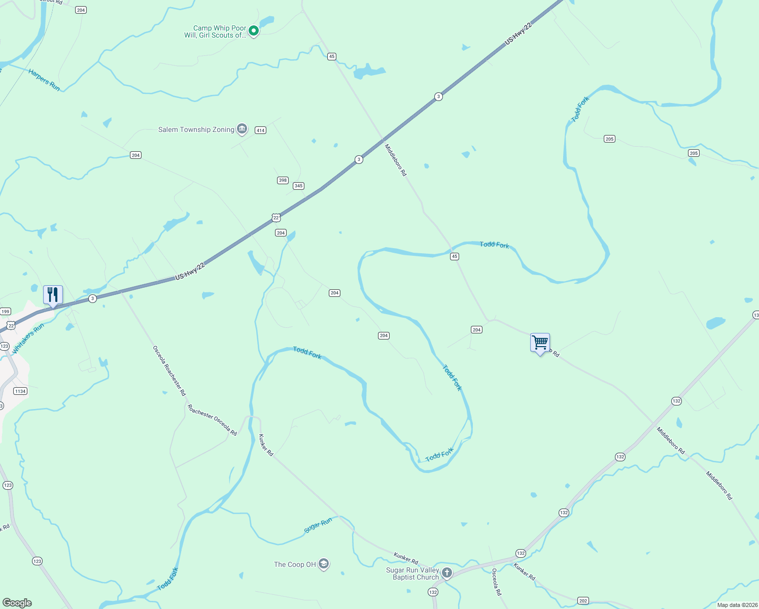 map of restaurants, bars, coffee shops, grocery stores, and more near 7682 Woodward-Claypool Road in Morrow