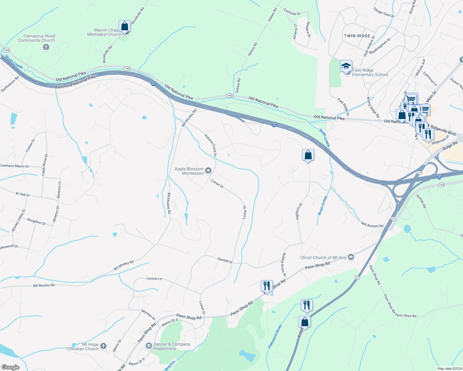 map of restaurants, bars, coffee shops, grocery stores, and more near 13587 Deer Brook Court in Mount Airy