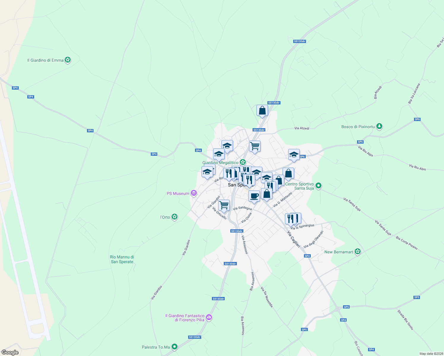 map of restaurants, bars, coffee shops, grocery stores, and more near 24 Via V. Emanuele in San Sperate