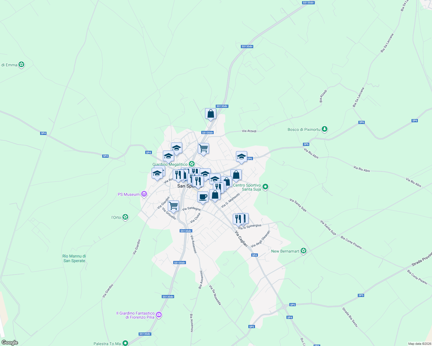map of restaurants, bars, coffee shops, grocery stores, and more near Strada Provinciale 6 in San Sperate
