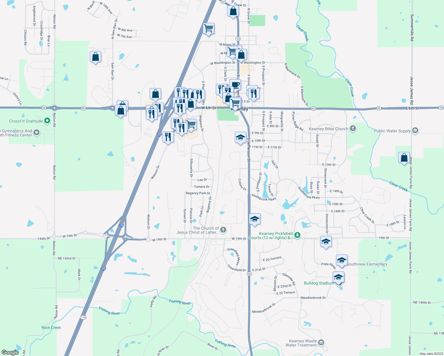 map of restaurants, bars, coffee shops, grocery stores, and more near 214 Shawna Drive in Kearney