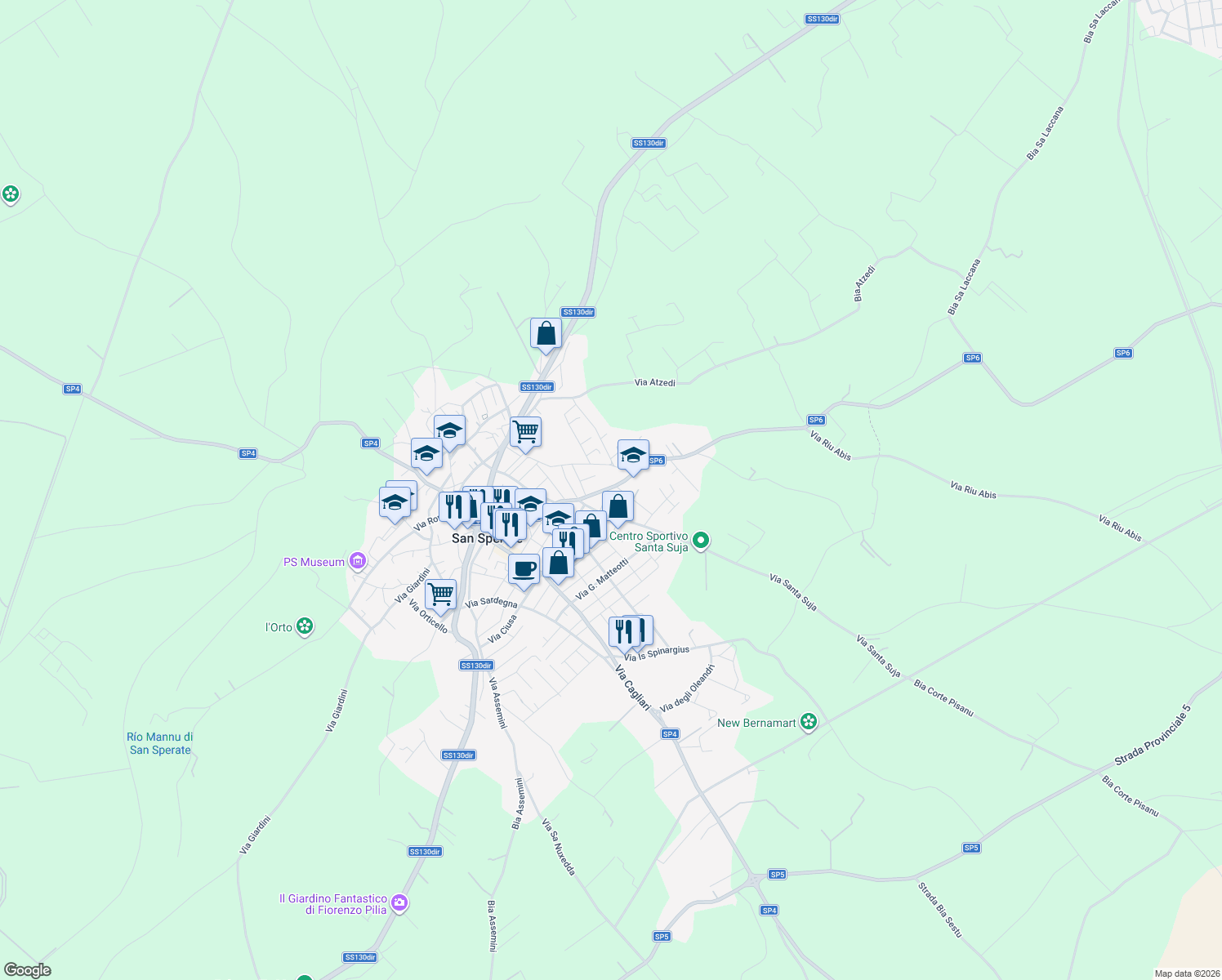 map of restaurants, bars, coffee shops, grocery stores, and more near 18 Via Pixinortu in San Sperate