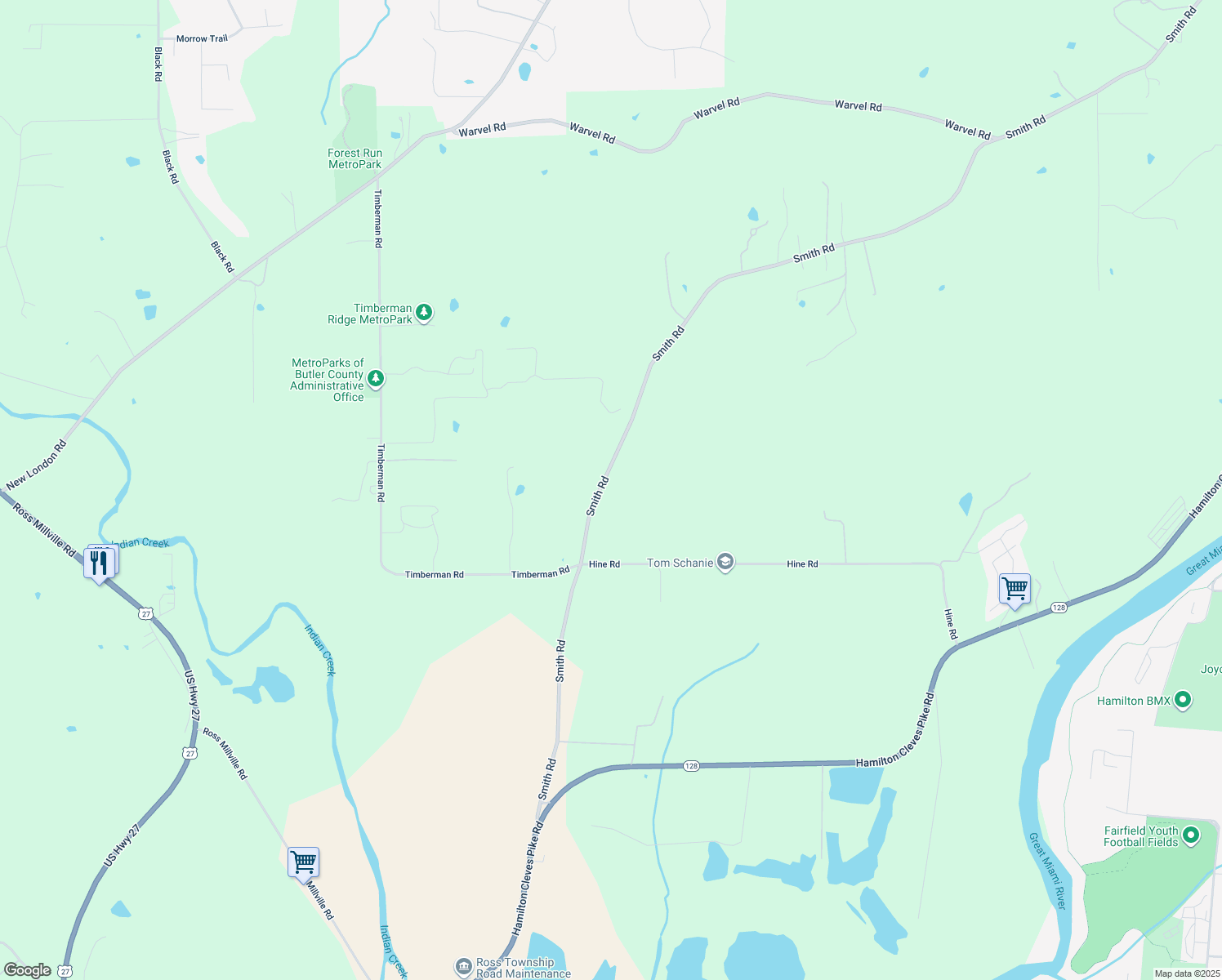 map of restaurants, bars, coffee shops, grocery stores, and more near 2400 Smith Road in Hamilton