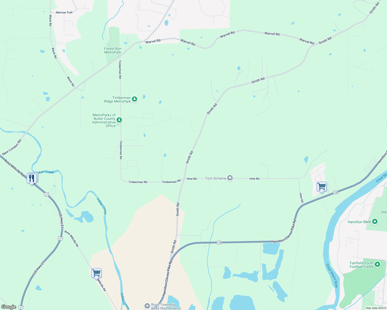 map of restaurants, bars, coffee shops, grocery stores, and more near 2400 Smith Road in Hamilton