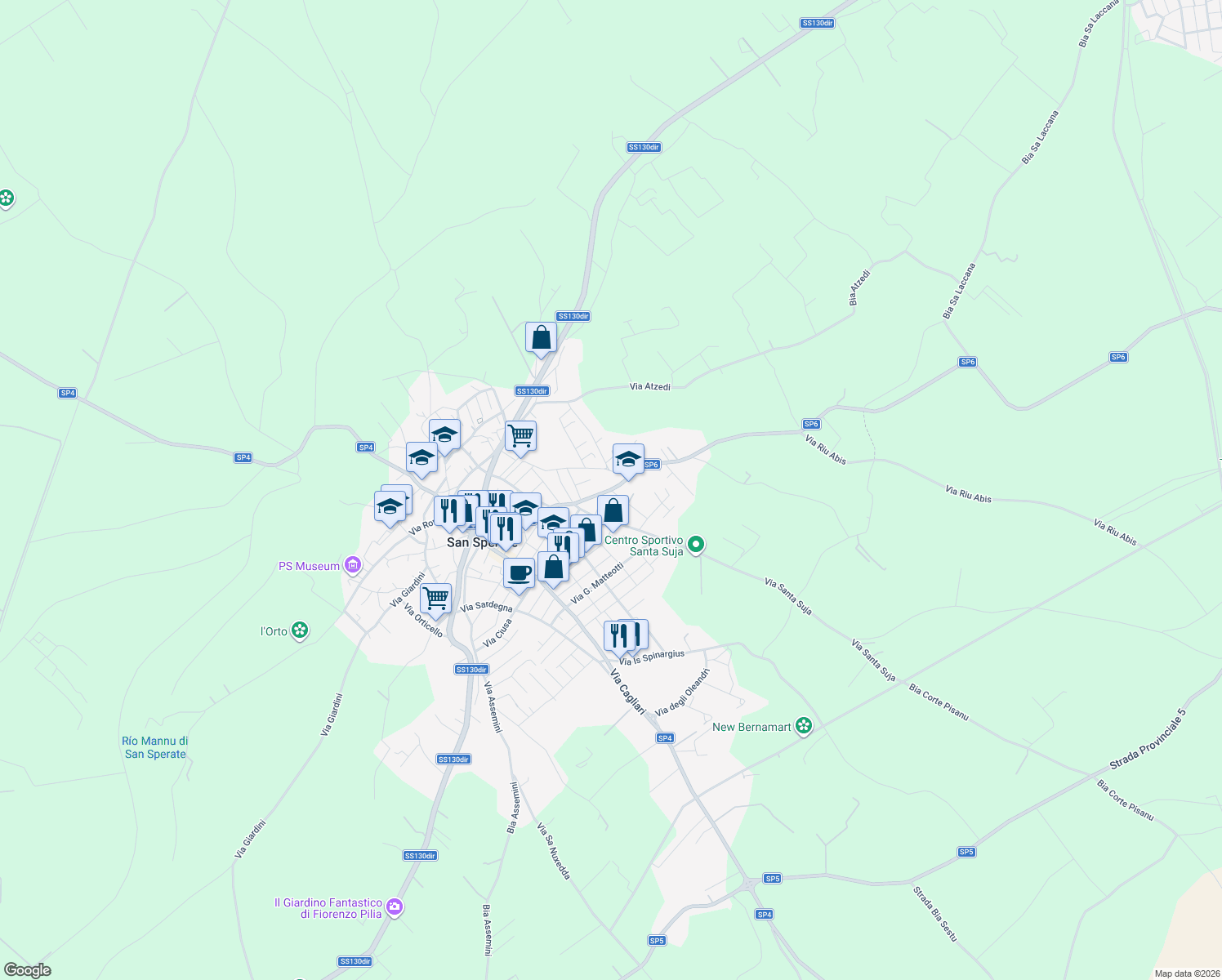map of restaurants, bars, coffee shops, grocery stores, and more near 18 Via Pixinortu in San Sperate