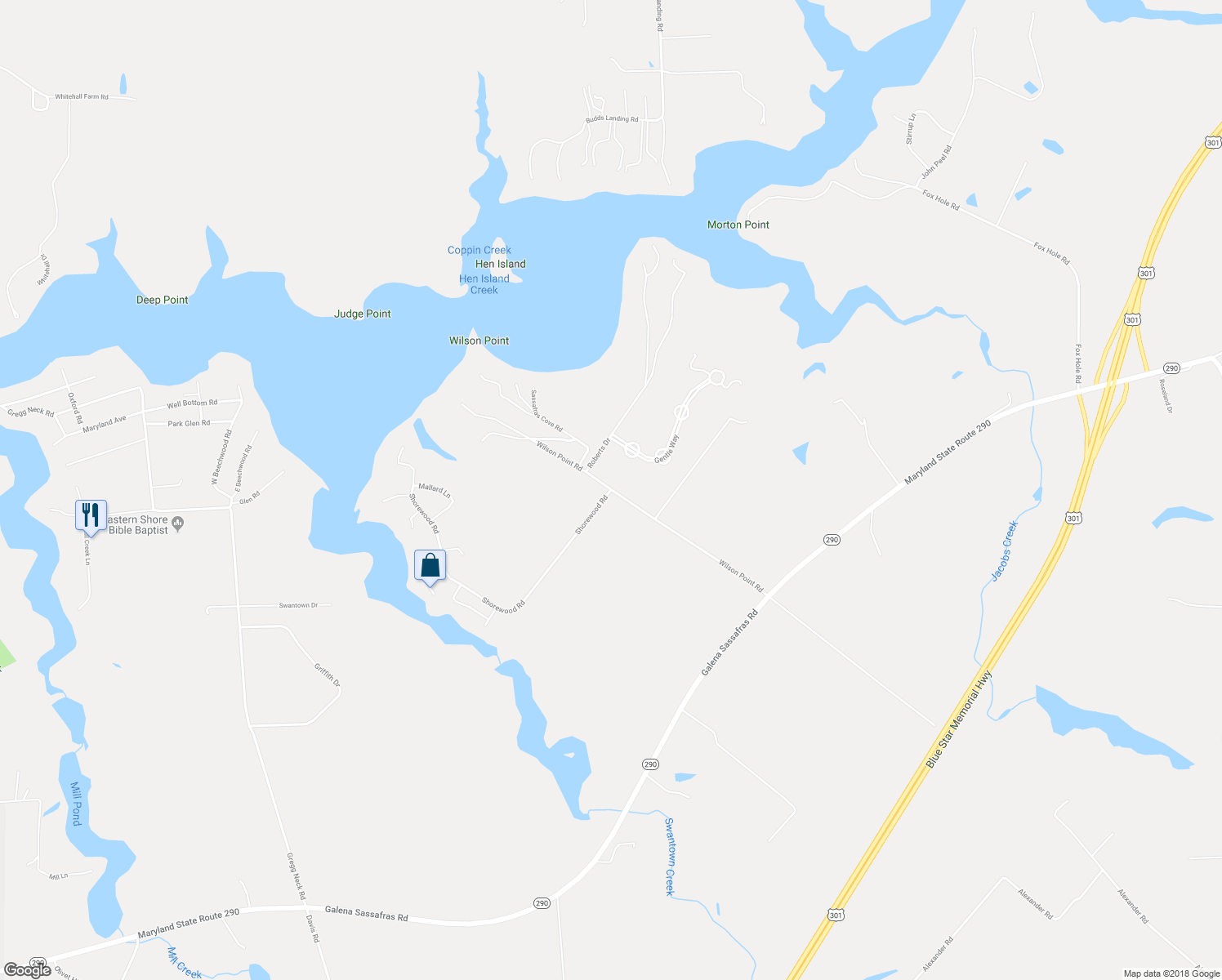 map of restaurants, bars, coffee shops, grocery stores, and more near Wilson Point Road in Galena