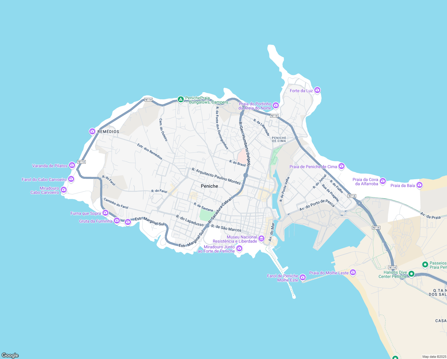 map of restaurants, bars, coffee shops, grocery stores, and more near 63 Rua Arquitecto Paulino Montez in Peniche
