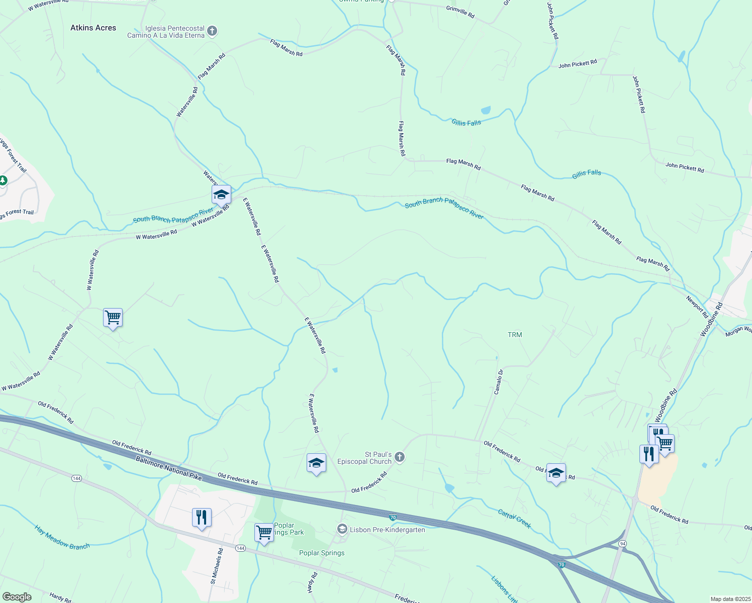 map of restaurants, bars, coffee shops, grocery stores, and more near 16555 Blooms Lane in Mount Airy
