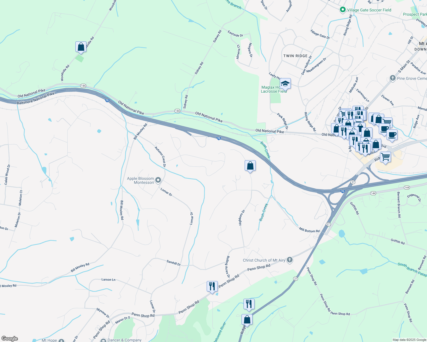 map of restaurants, bars, coffee shops, grocery stores, and more near 13638 Otono Drive in Mount Airy