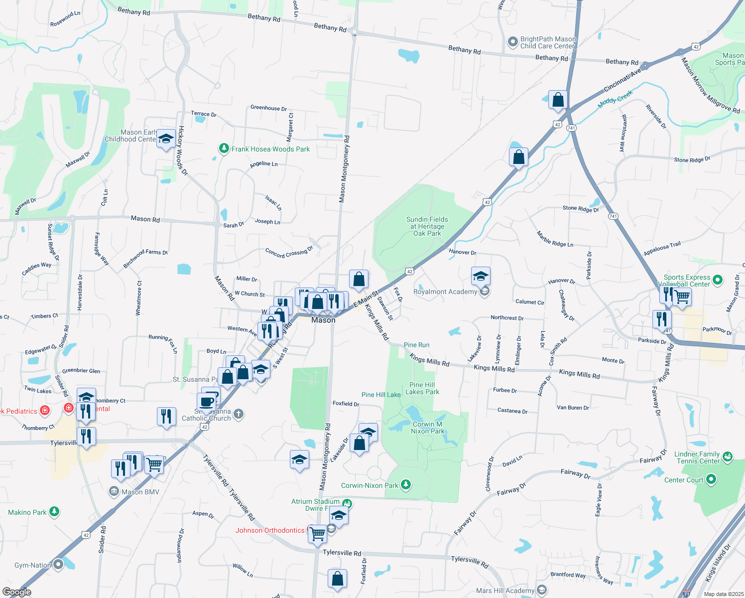 map of restaurants, bars, coffee shops, grocery stores, and more near 207 East Main Street in Mason
