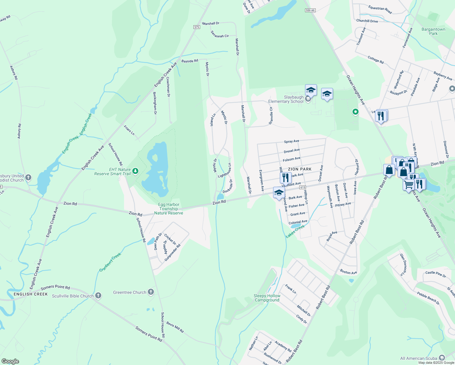 map of restaurants, bars, coffee shops, grocery stores, and more near 5 Dockside Drive in Egg Harbor Township