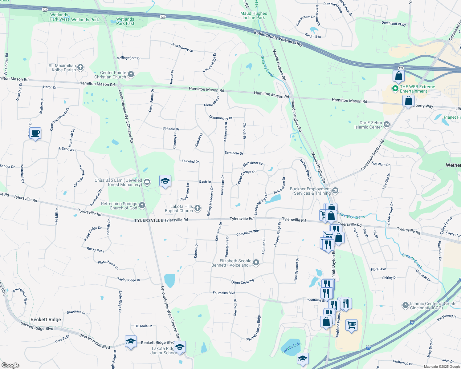 map of restaurants, bars, coffee shops, grocery stores, and more near 7657 Kirkwood Drive in Butler County