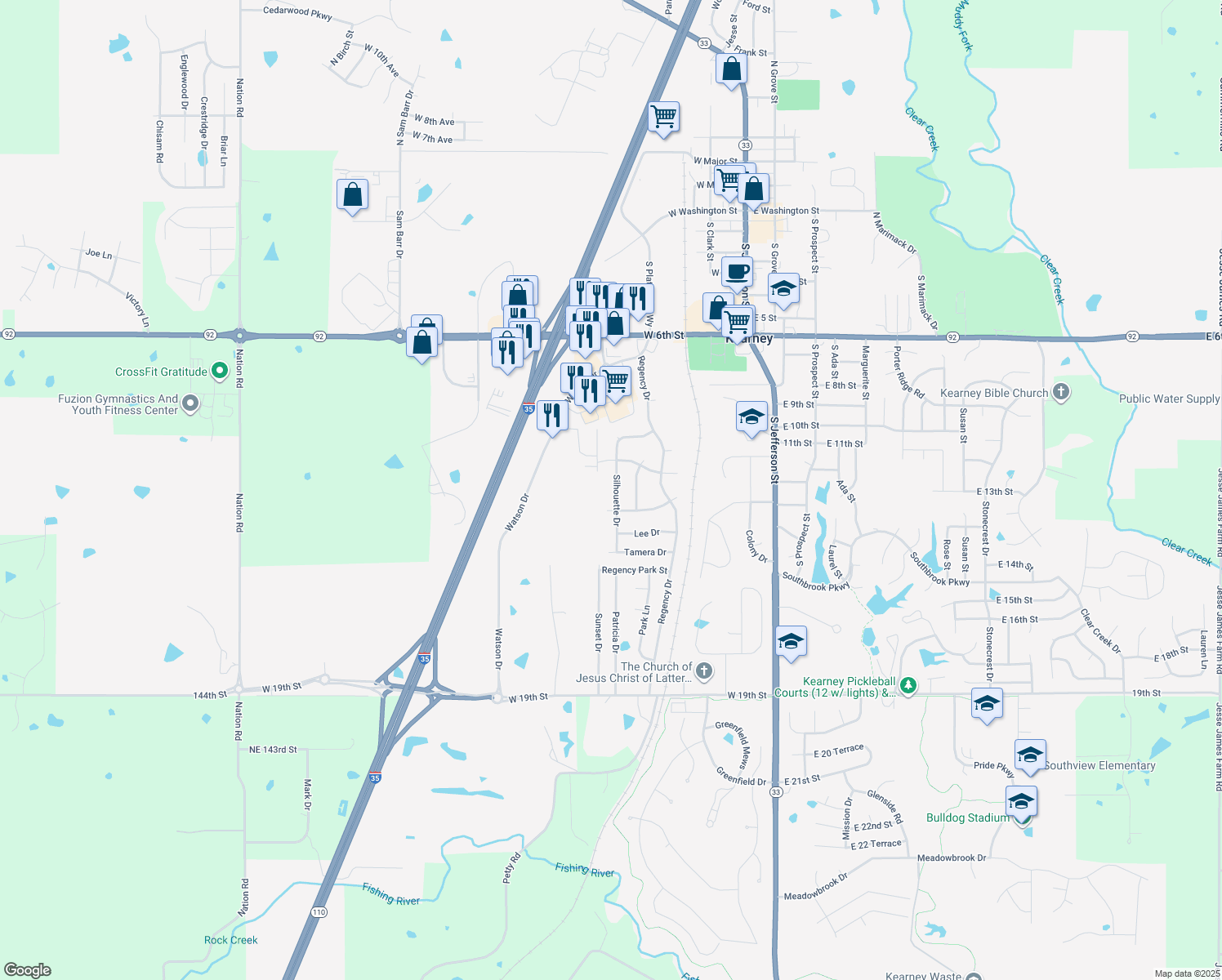map of restaurants, bars, coffee shops, grocery stores, and more near 1116 Silhouette Dr in Kearney