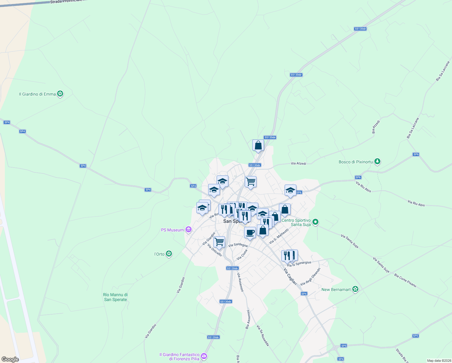 map of restaurants, bars, coffee shops, grocery stores, and more near 9 Via Michele Schirru in San Sperate