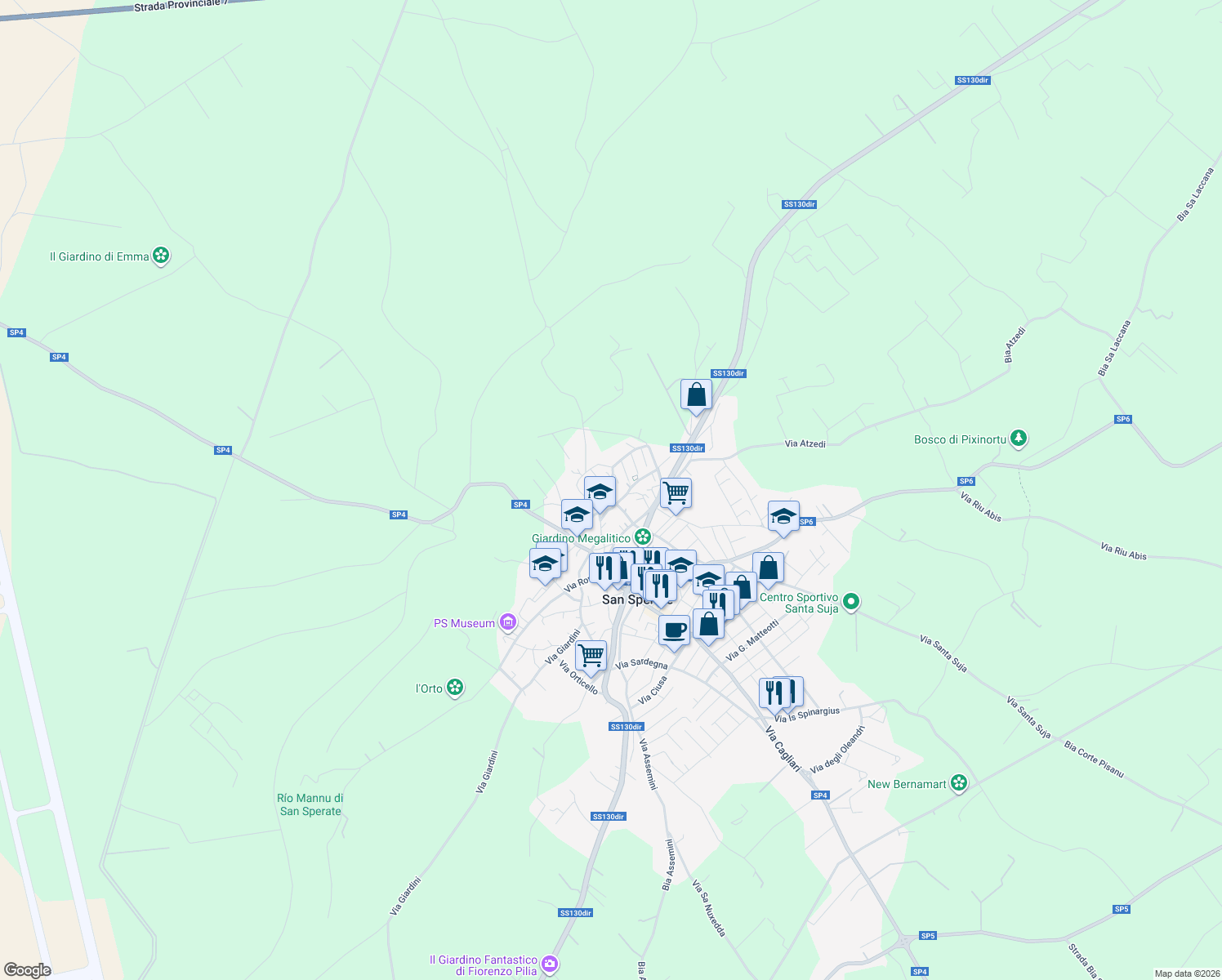 map of restaurants, bars, coffee shops, grocery stores, and more near 9 Via Michele Schirru in San Sperate