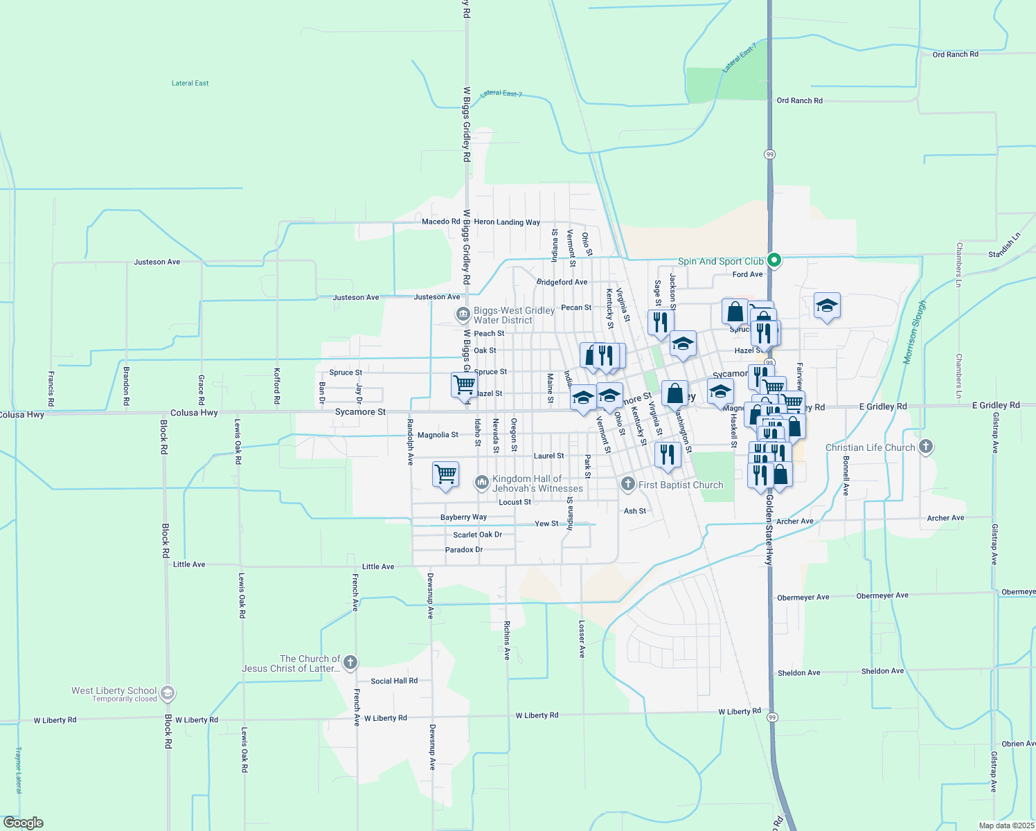 map of restaurants, bars, coffee shops, grocery stores, and more near 1585 Sycamore Street in Gridley