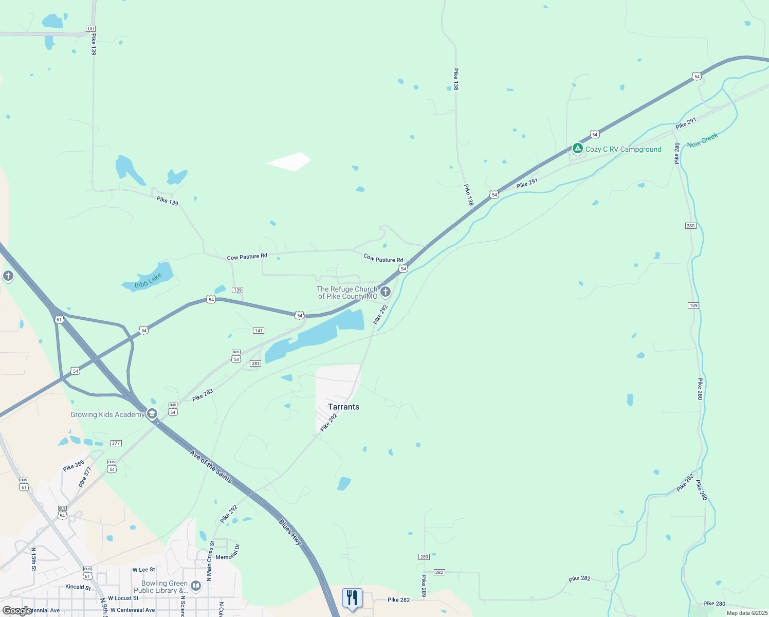 map of restaurants, bars, coffee shops, grocery stores, and more near 15663 Pike 292 in Bowling Green