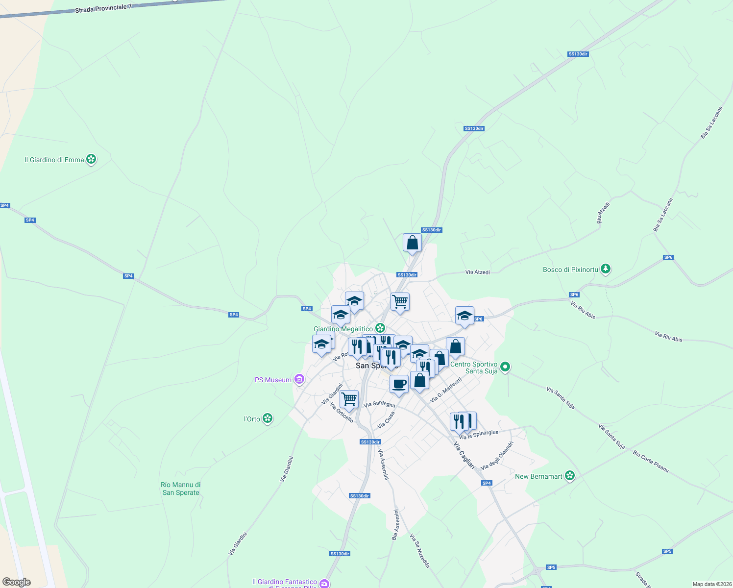 map of restaurants, bars, coffee shops, grocery stores, and more near 9 Via Michele Schirru in San Sperate
