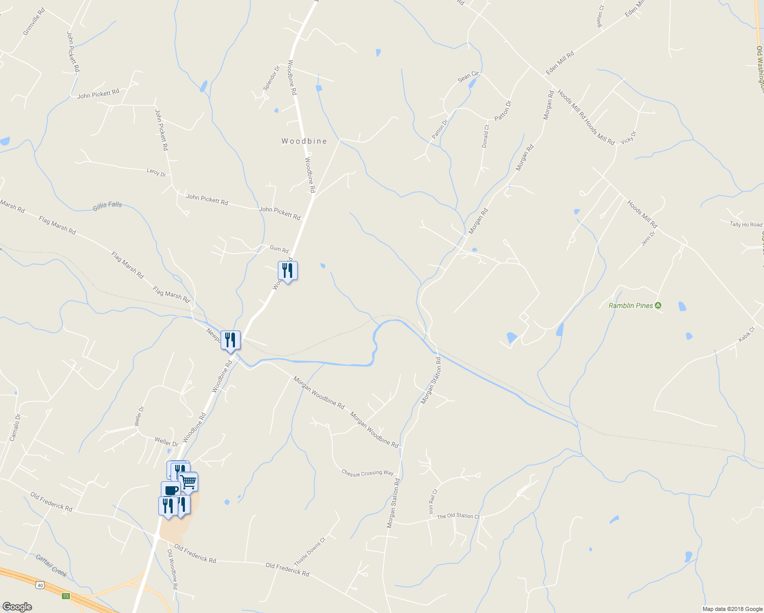 map of restaurants, bars, coffee shops, grocery stores, and more near 1490 Jakes Creek Drive in Woodbine