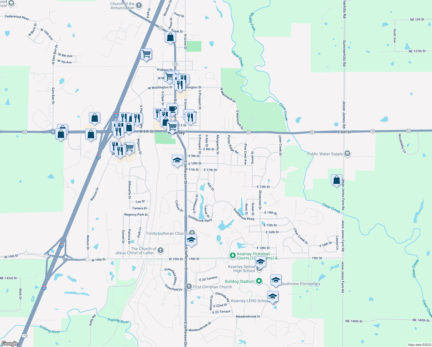 map of restaurants, bars, coffee shops, grocery stores, and more near 1103 Geneva Street in Kearney