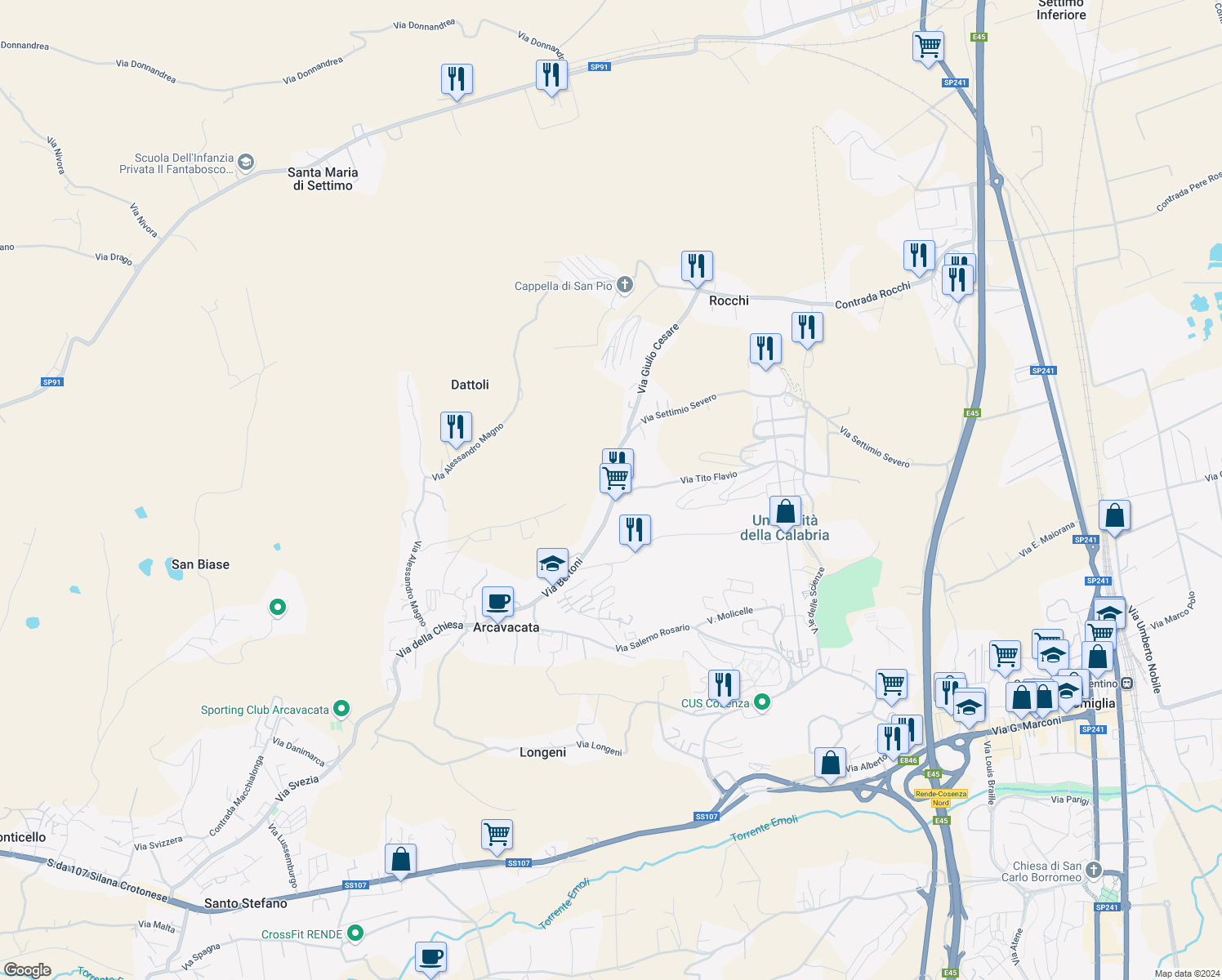 map of restaurants, bars, coffee shops, grocery stores, and more near 15 Via Giulio Cesare in Arcavacata