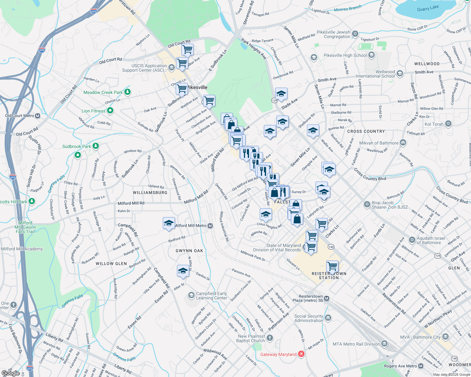 map of restaurants, bars, coffee shops, grocery stores, and more near 4220 Lowell Drive in Pikesville