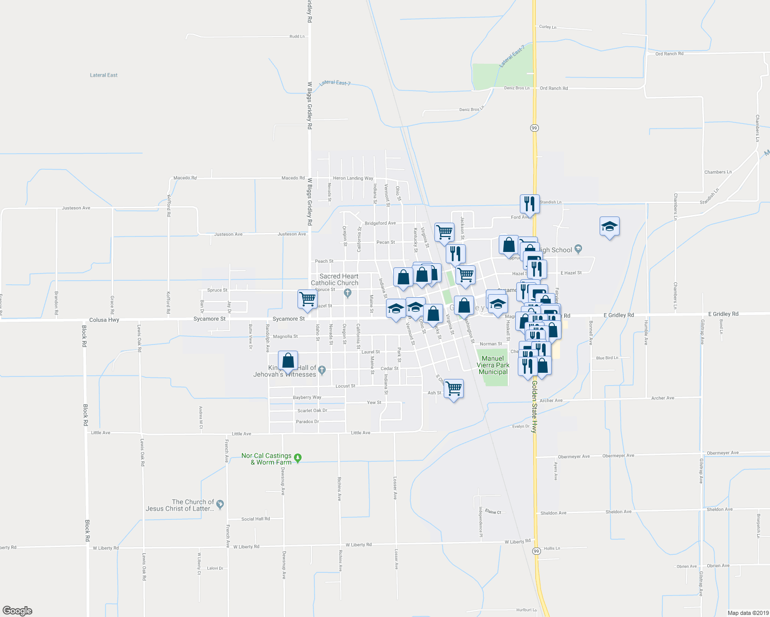 map of restaurants, bars, coffee shops, grocery stores, and more near 1315 Hazel Street in Gridley