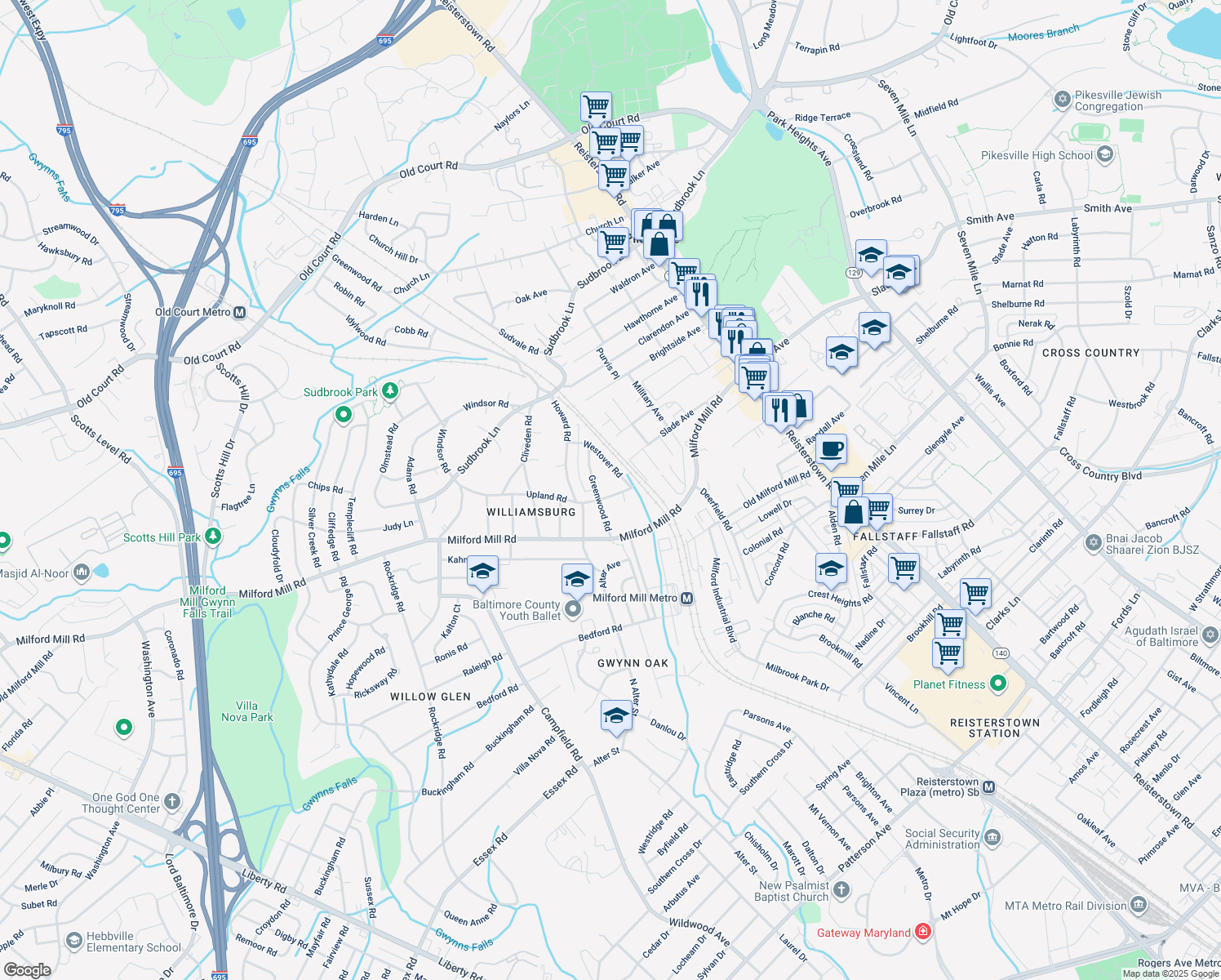 map of restaurants, bars, coffee shops, grocery stores, and more near 306 Upland Road in Pikesville