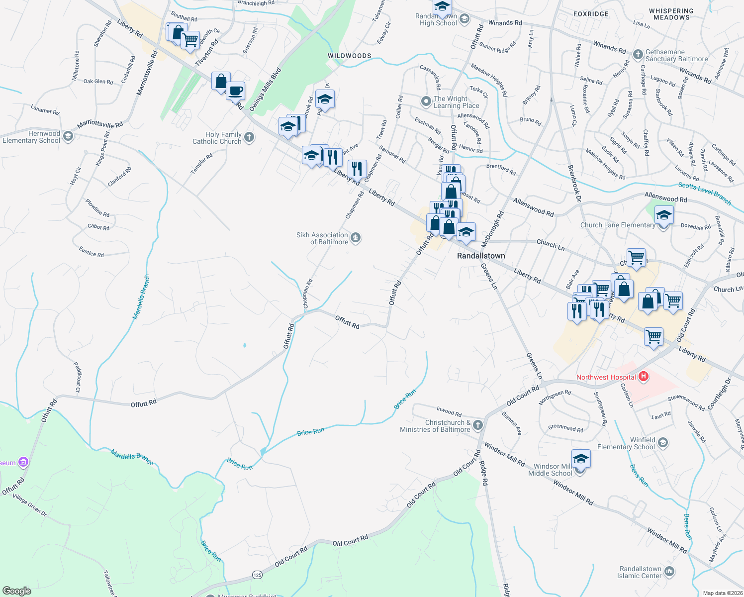 map of restaurants, bars, coffee shops, grocery stores, and more near 3314 Offutt Road in Randallstown