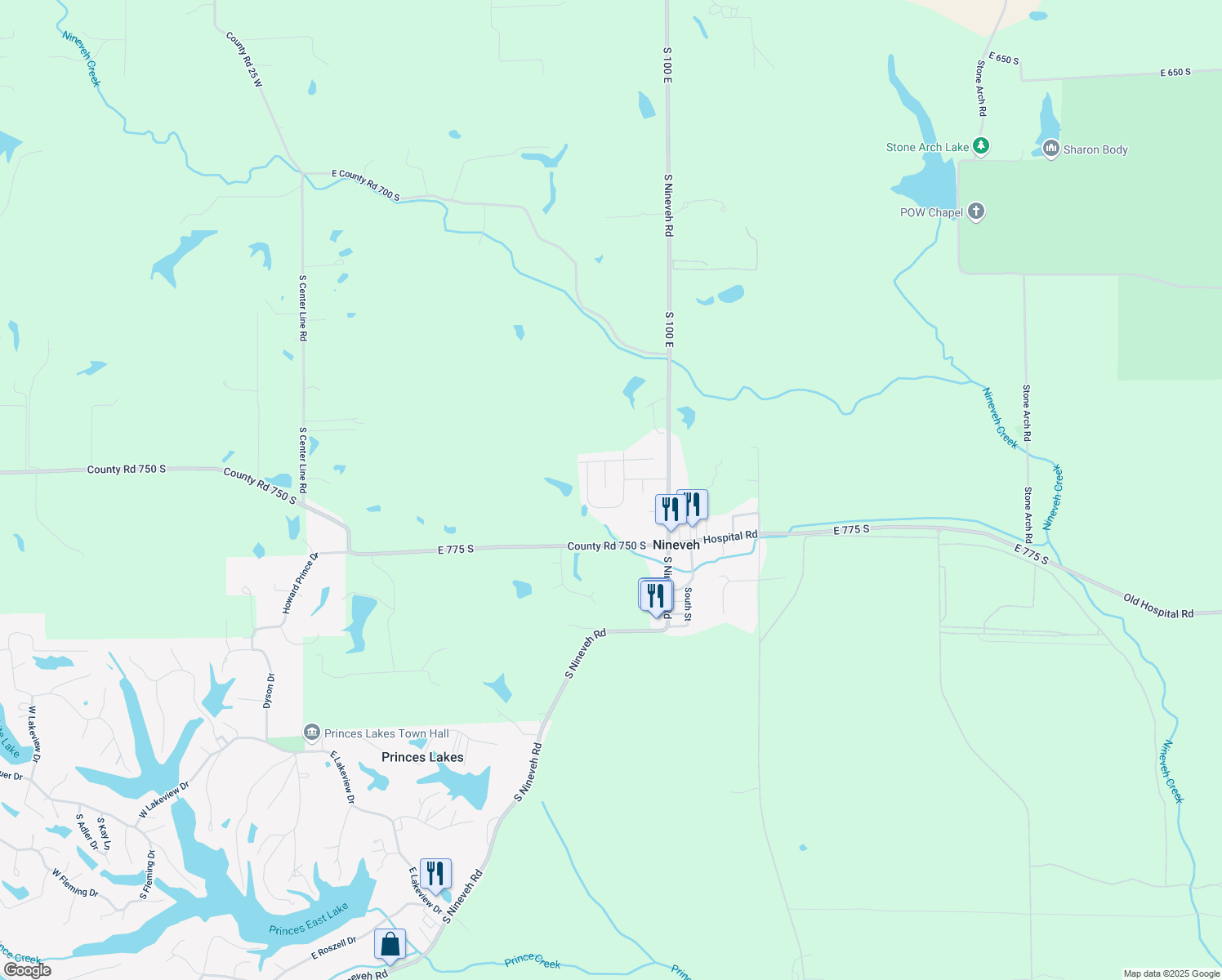 map of restaurants, bars, coffee shops, grocery stores, and more near 7347 South Millikan Court in Nineveh