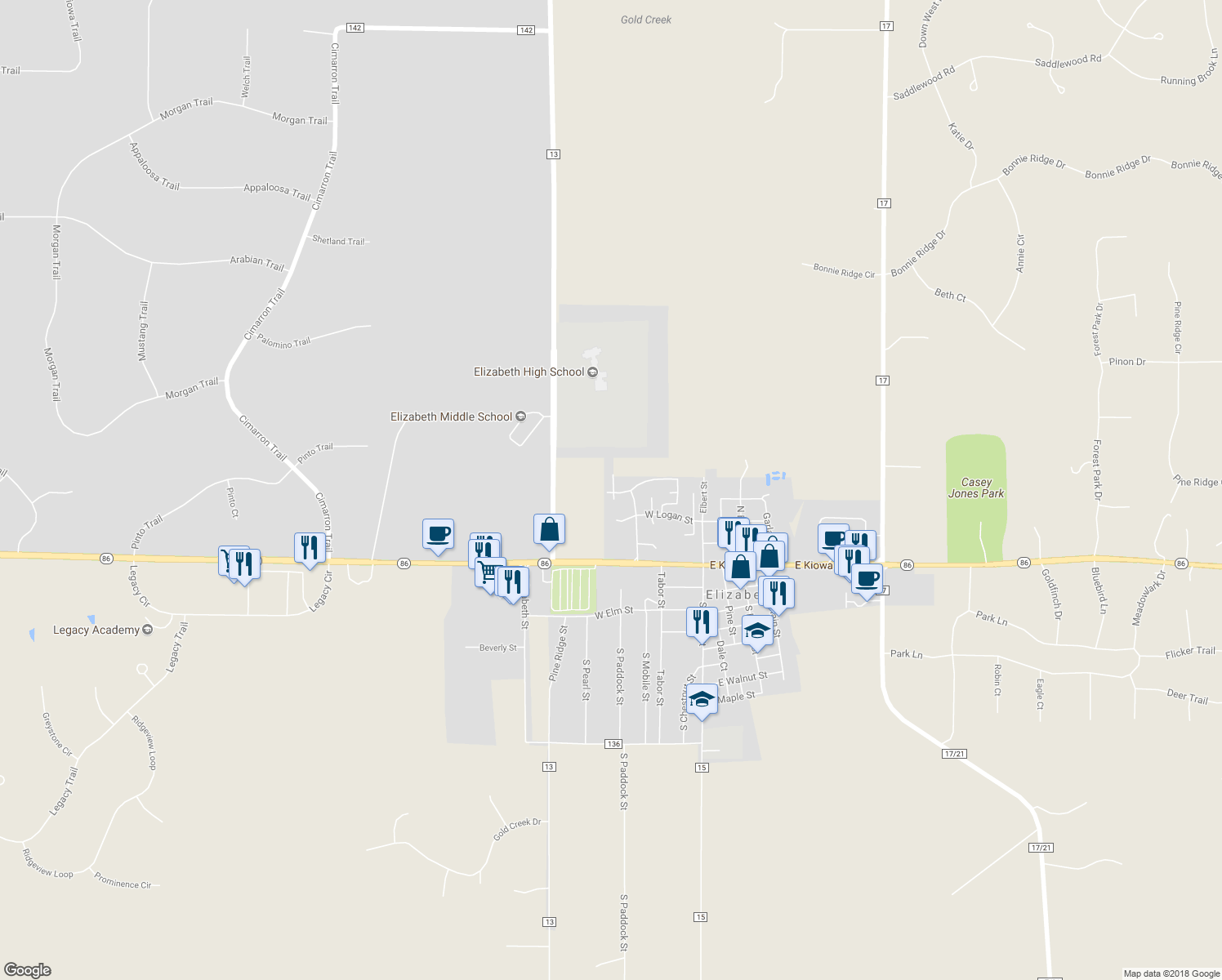 map of restaurants, bars, coffee shops, grocery stores, and more near 411 Amanda Court in Elizabeth