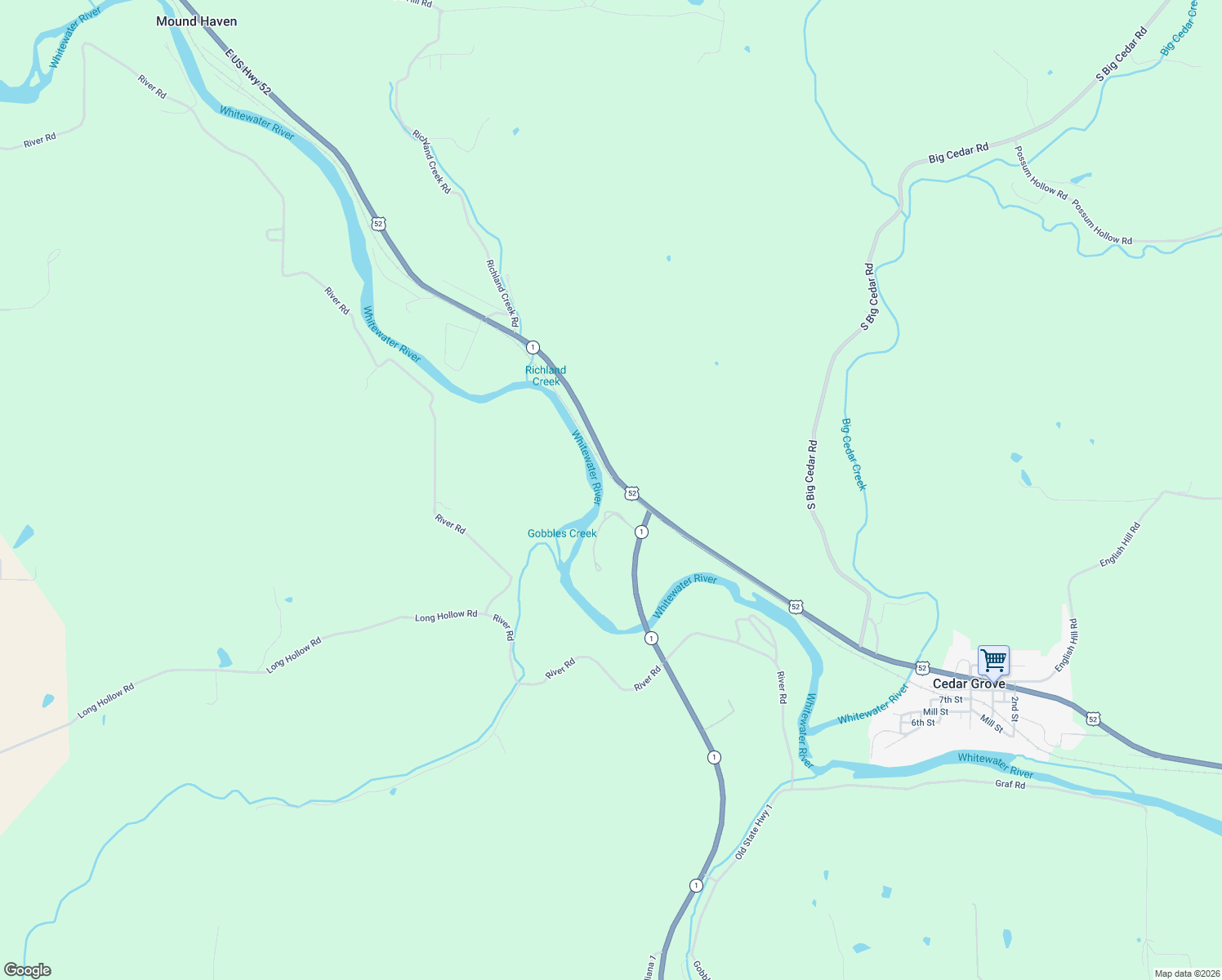 map of restaurants, bars, coffee shops, grocery stores, and more near 8124 U.S. 52 in Brookville