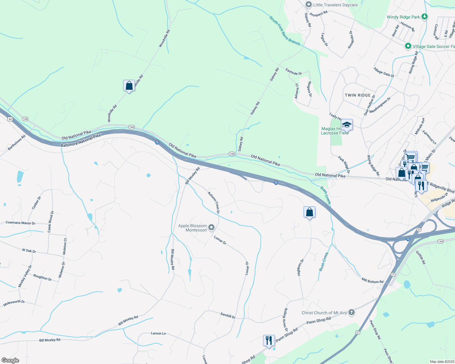map of restaurants, bars, coffee shops, grocery stores, and more near 4759 De Invierno Place in Mount Airy