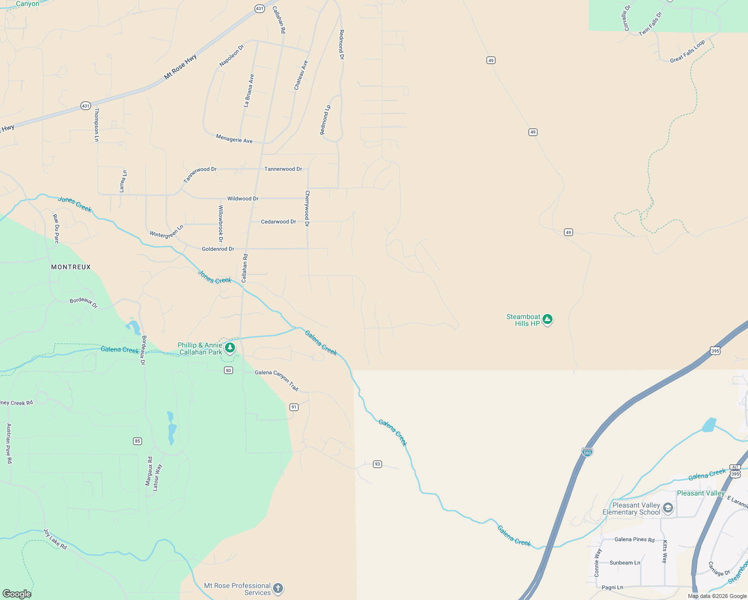 map of restaurants, bars, coffee shops, grocery stores, and more near 15615 Patti Lane in Reno