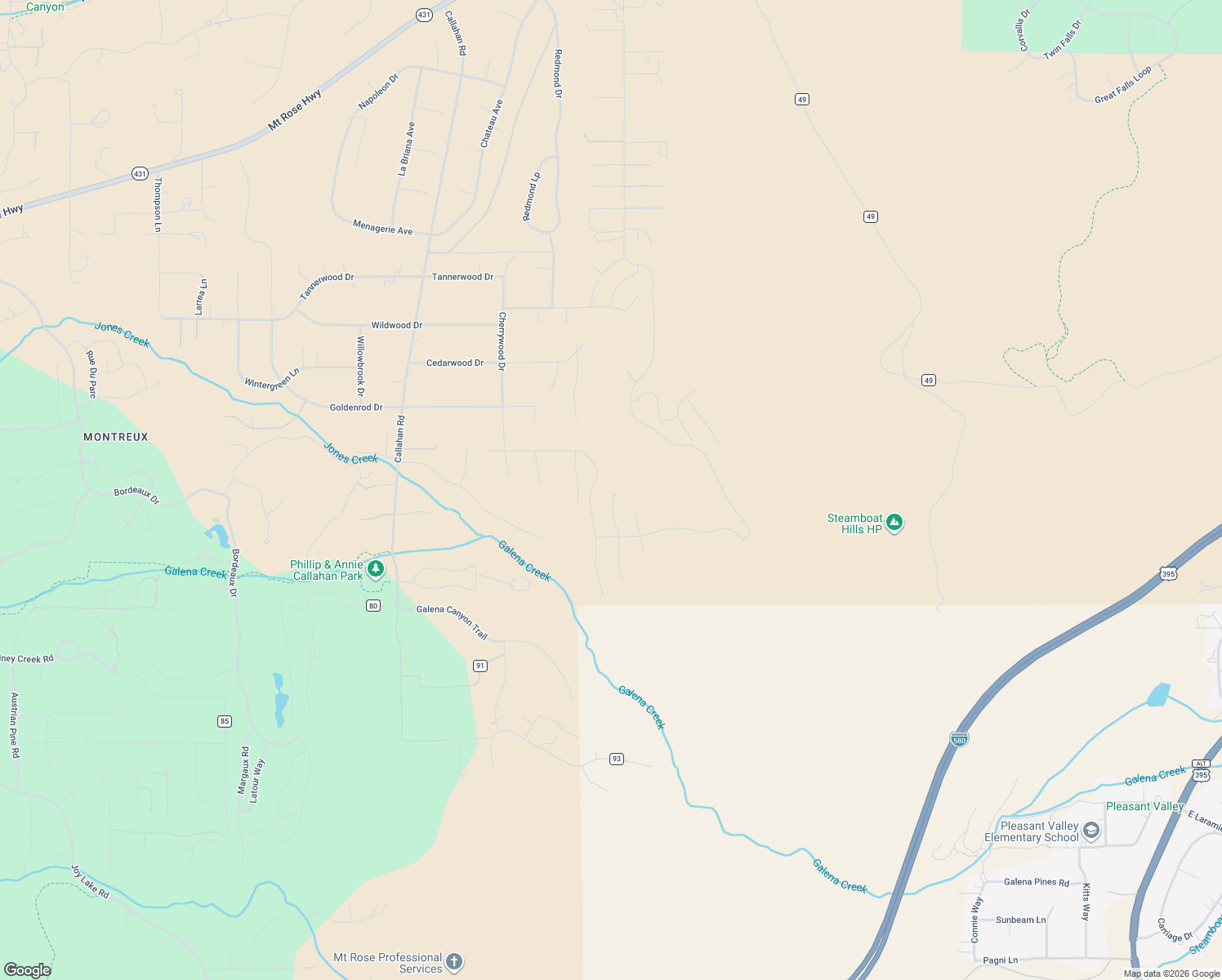 map of restaurants, bars, coffee shops, grocery stores, and more near 15615 Patti Lane in Reno
