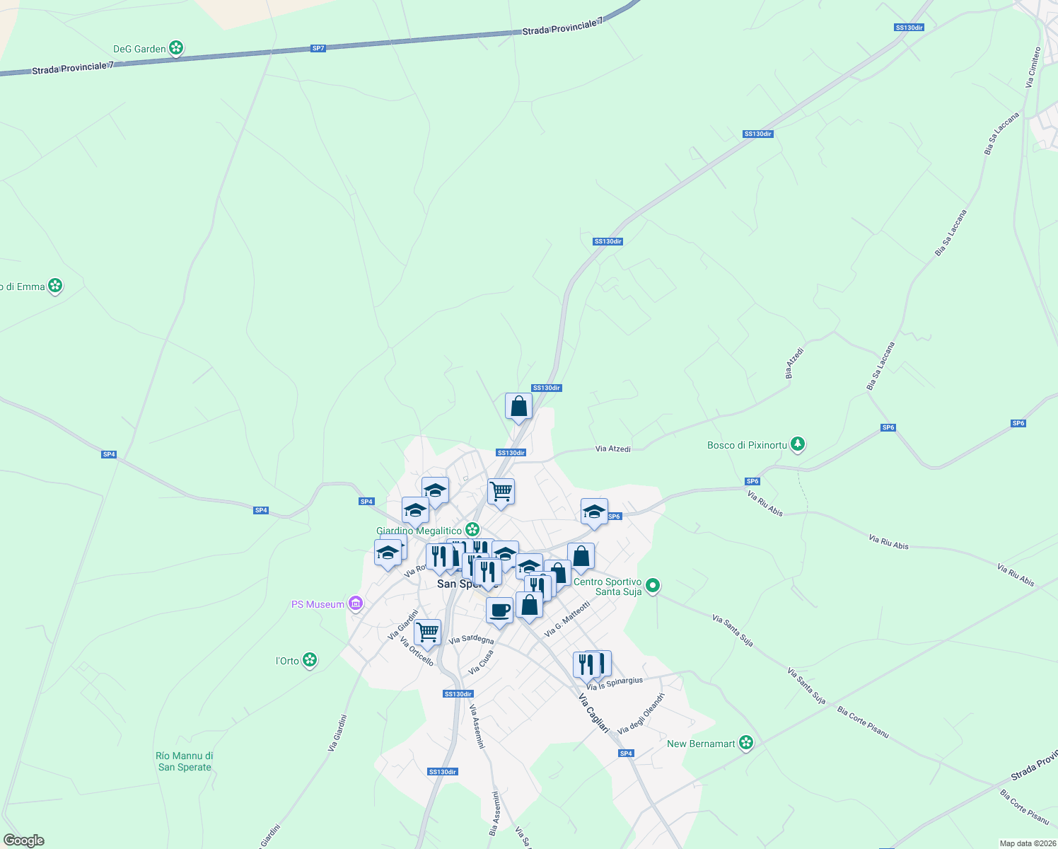 map of restaurants, bars, coffee shops, grocery stores, and more near 128 Via Monastir in San Sperate
