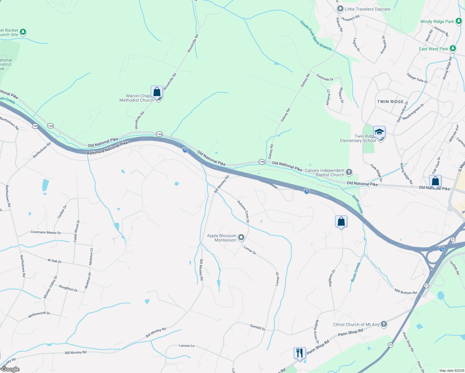 map of restaurants, bars, coffee shops, grocery stores, and more near 13406 Autumn Crest Drive in Mount Airy